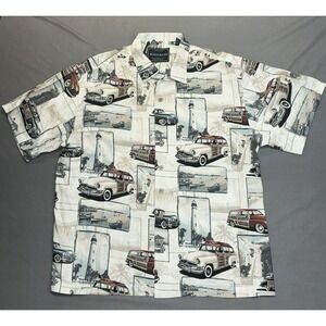 North River Classic Car Theme Button Down Shirt Large Cotton/Rayon Men's